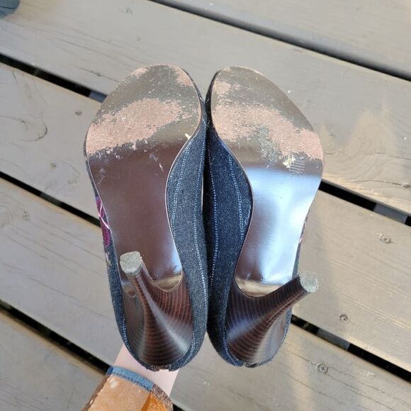 Vintage 90s y2k Floral Embroidered Pinstripe Bow Stiletto Lolita Girlie Heels - Picture 6 of 8